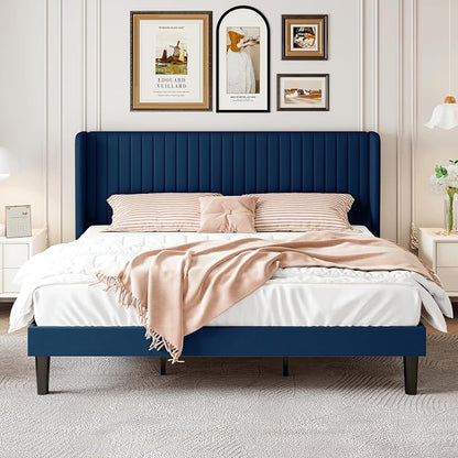 SHA CERLIN King Size Velvet Bed Frame with Vertical Channel Tufted Wingback Headboard, Upholstered Platform Bed with Wood Slats, No Box Spring Needed, Easy Assembly, Blue
