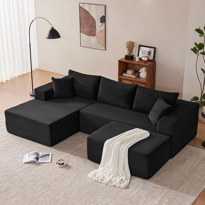 Mangodan 110” Cloud Sectional Couch, Modular Sectional Sofa with Deep Seat, Boneless Sofa for Living Room, Fluffy Comfy U-Shaped Couch with Left Facing Chaise, No Assembly Required, Black