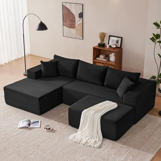 Mangodan 110” Cloud Sectional Couch, Modular Sectional Sofa with Deep Seat, Boneless Sofa for Living Room, Fluffy Comfy U-Shaped Couch with Left Facing Chaise, No Assembly Required, Black