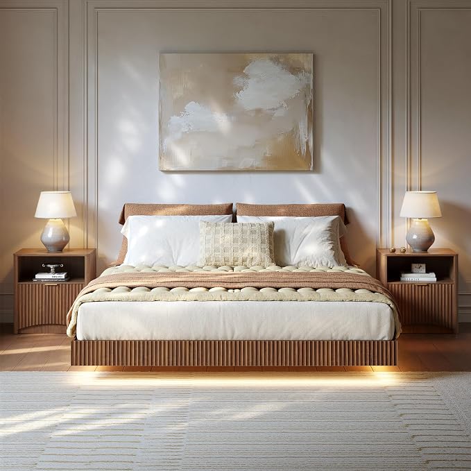 Evermagin Bedroom Furniture Set-Bed with 2 Nightstands, Mid Century Modern Bedroom Set, Floating Bed Frame Led Lights, Fluted Floating Room Furnitures, 3-Piece Room Set (Wal, King)