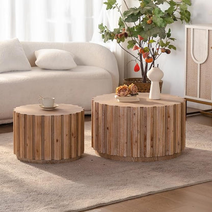 Nesting Round Coffee Table Set of 2, 27.56" Fluted Circle Accent End Table, Morden Drum Side Table, Wooden Center Table for Living Room, Fully Assembled - Natural Wood