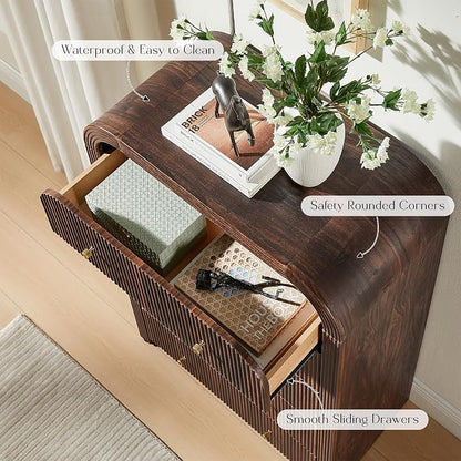 T4TREAM Fluted 5 Drawers Dresser, 48" Tall Modern Chest of Drawers with Thickened Curved Profile Design, Wood Closet Clothes Storage Organizer for Bedroom, Living Room, Hallway, Dark Walnut