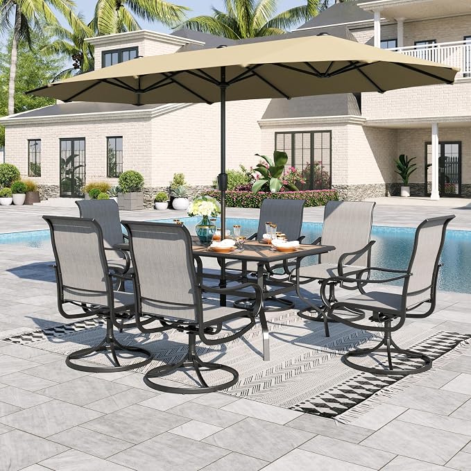 Sophia & William Patio Set with Umbrella Outdoor Dining Set for 6 with 13ft Umbrella Beige, 6 x Patio Chairs Grey, 1 Wood Like Outdoor Dining Table for Deck Lawn Garden (No Umbrella Base)