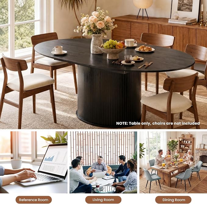 47''-63'' Extendable Round Dining Table for 4-6, Round Dining Room Table with Hidden Storage, Modern Wooden Kitchen Table with Fluted Sliding Door Cabinet for Dining Room Kitchen, Black