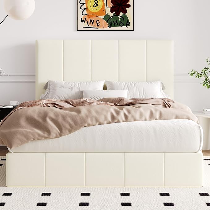 Allewie Queen Size Velvet Lift Up Storage Bed Frame, Vertical Channel Tufted Headboard, Hydrualic Underneath Storage, Upholstered Platform Bed, Wooden Slats Support, No Box Spring Needed, Cream