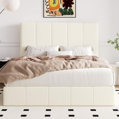 Allewie Queen Size Velvet Lift Up Storage Bed Frame, Vertical Channel Tufted Headboard, Hydrualic Underneath Storage, Upholstered Platform Bed, Wooden Slats Support, No Box Spring Needed, Cream