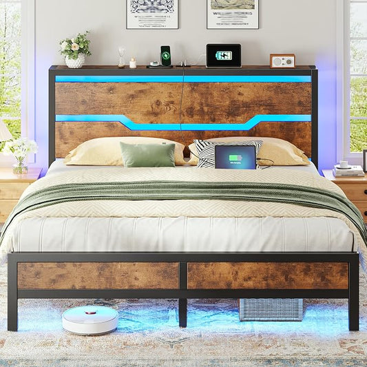 Homkdom Full Size Bed Frame with USB Ports & LED Lights, Headboard Shelf, Heavy Duty Metal Platform with 10.24" Underbed Storage, Noise-Free Slats, No Box Spring Needed, Modern Brown