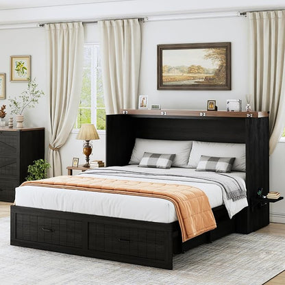 Queen Murphy Bed with Charging Station, Farmhouse Noisy-Free Foldable Cabinet Bed Frame with Storage Drawer, Space Saving Hideaway Wall Bed for Guest Bedroom, Living Room, Office, Black