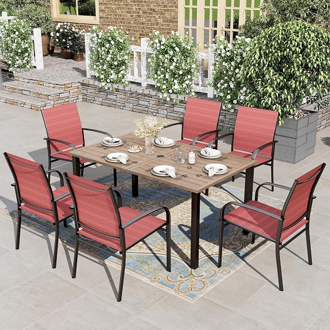 HERA'S HOUSE Patio Table and Chairs for 6, 7 Pieces Outdoor Deck Dining Sets, Wood-Like Rectangular Metal Table Set with Chairs for Lawn Garden Backyard, Red