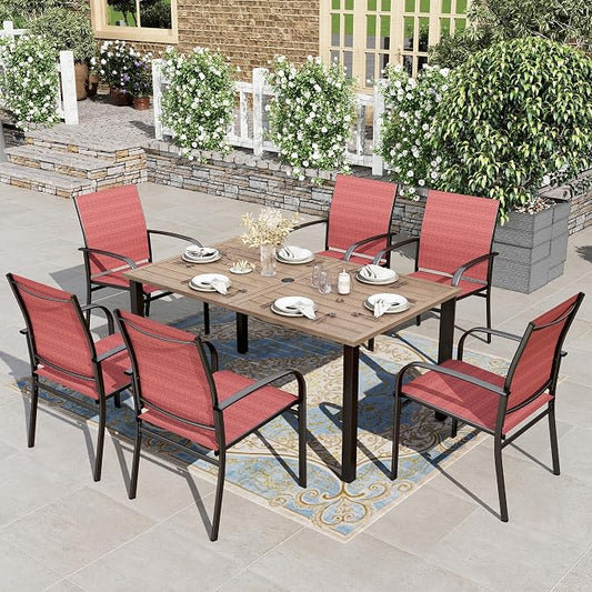 HERA'S HOUSE Patio Table and Chairs for 6, 7 Pieces Outdoor Deck Dining Sets, Wood-Like Rectangular Metal Table Set with Chairs for Lawn Garden Backyard, Red