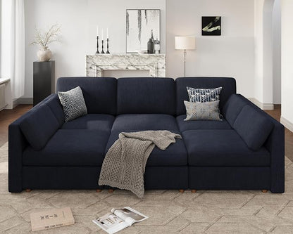 Oversized Modular Sectional Sleeper Sofa Bed Cloud Couches Blue | Deep Seat Couch for Living Room, 6-Seater Luxury Comfortable Sofa with Ottoman, Solid Wood Frame, Removable Washable Cover