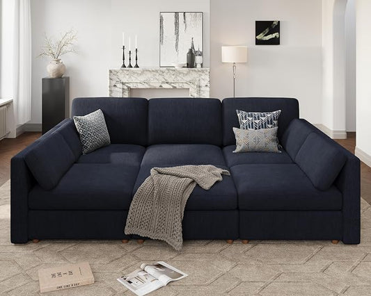 Oversized Modular Sectional Sleeper Sofa Bed Cloud Couches Blue | Deep Seat Couch for Living Room, 6-Seater Luxury Comfortable Sofa with Ottoman, Solid Wood Frame, Removable Washable Cover