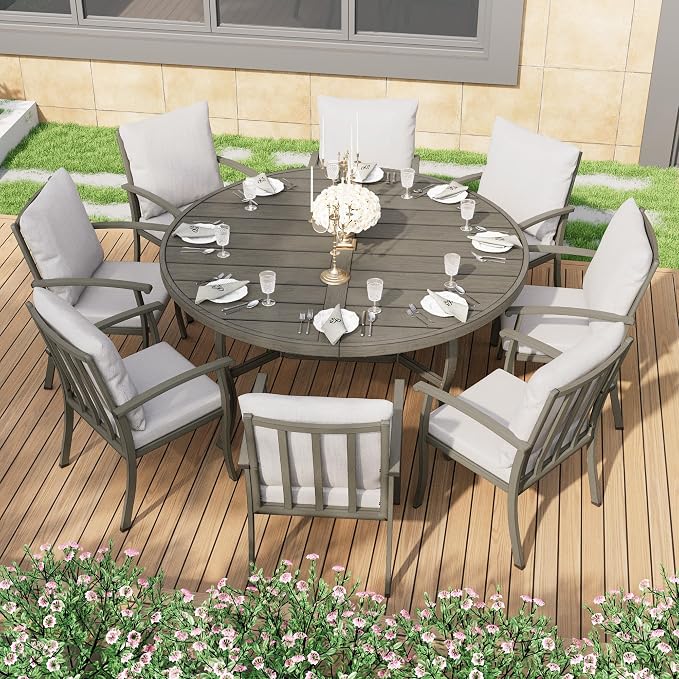 HAPPATIO Patio Dining Set, Aluminum Round Outdoor Dining Set for 8, 61" Round Dining Table with Umbrella Hole and 8 Chairs, Outdoor Table and Chairs with Removable Cushion for Lawn Yard Patio