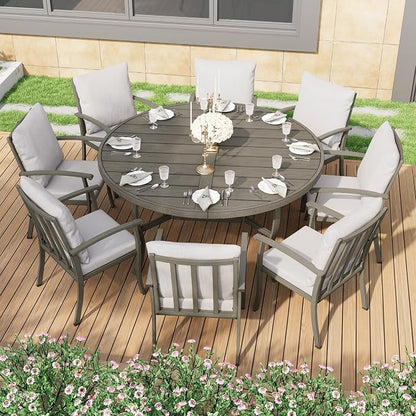 HAPPATIO Patio Dining Set, Aluminum Round Outdoor Dining Set for 8, 61" Round Dining Table with Umbrella Hole and 8 Chairs, Outdoor Table and Chairs with Removable Cushion for Lawn Yard Patio