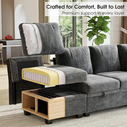 Sectional Sleeper Sofa Bed, 107.8" U Shaped 6 Seat Pull Out Couch with Storage Ottoman, Convertible Cloud Couch Bed, Modular Sectional Couches for Living Room, Apartment (Gray)