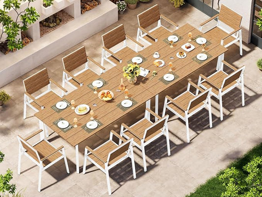 Outdoor Dining Set for 10, Aluminum Patio Table and Chairs Set with Umbrella Hole, 12 Pieces HDPS Outdoor Furniture Sets for Patio, Garden (White & Teak)