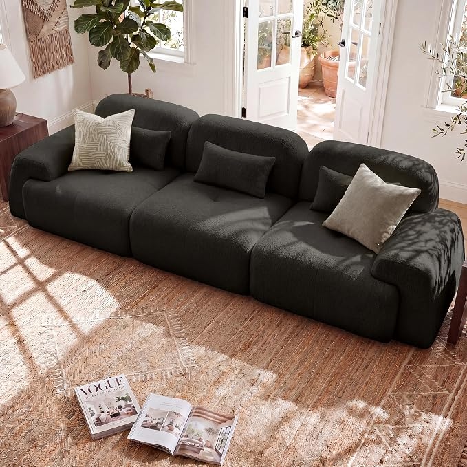 118'' Modular Sectional Cloud Couch Boneless Couches, Oversize Curved Sectional Couches for Living Room, Deep Seat Couch Lambswool Sofa with Ottoman & Throw Pillows, No Assembly, HR Foam