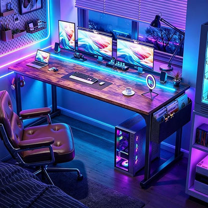 DurayLoly 55" Office Desks with LED Lights,Gaming Writing Work from Home Study Desk with Storage Bag,Home Office Desk with Headphone Hook Sturdy Metal Frame, Rustic Brown