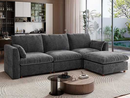 Ihanherry 117" Oversized Modular Sectional Sofa, Modern L Shaped Cloud Couch with Storage Ottoman, 4-Seat Comfy Chenille Deep Seat Sofa with 2 Pillows for Living Room, Grey