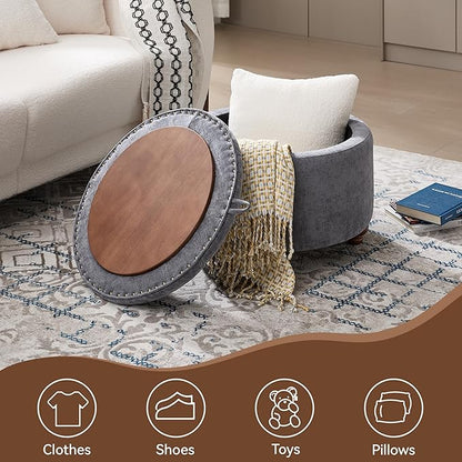 WUTUTUEE 24Inch Round Storage Ottoman with Tray, Modern Tufted Circle Coffee Table with Storage, Upholstered Ottoman with Removable Top for Living Room, Bedroom, Chenille Blue