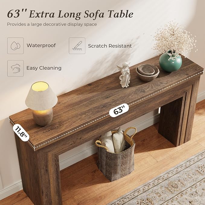 Huuger 63 Inch Entryway Table, Retangular Console Table, Farmhouse Sofa Table Behind the Couch, Long for Entrance, Hallway, Foyer, Living Room, Rustic Brown