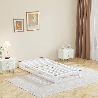 6 Inch Twin Bed Frames with Rounded Corner and Squeak Free U-Slot Design, Metal Platform Bed Frames 6 Non-Slip Guards, 3500lbs Heavy Duty Steel Slat Support, No Box Spring Needed, White