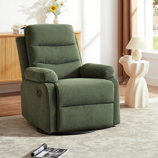 Rocking Recliner Chair,Modern Swivel Glider Recliner Chair,Corduroy Fabric Upholstery Recliner,Manual Reclining Sofa Chair for Living Room,Office,Apartment (Green)