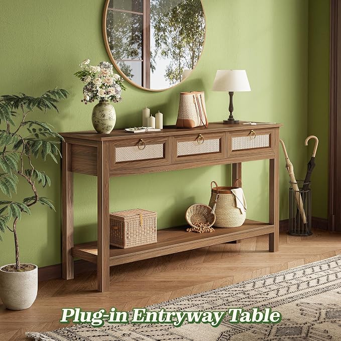 SUPERJARE Rattan Console Sofa Table with Outlets and USB-C Port, 3 Drawer Entryway Table with Synthetic Rattan Surface, Open Shelf, Behind Couch Entry Foyer Hallway Storage, Brown