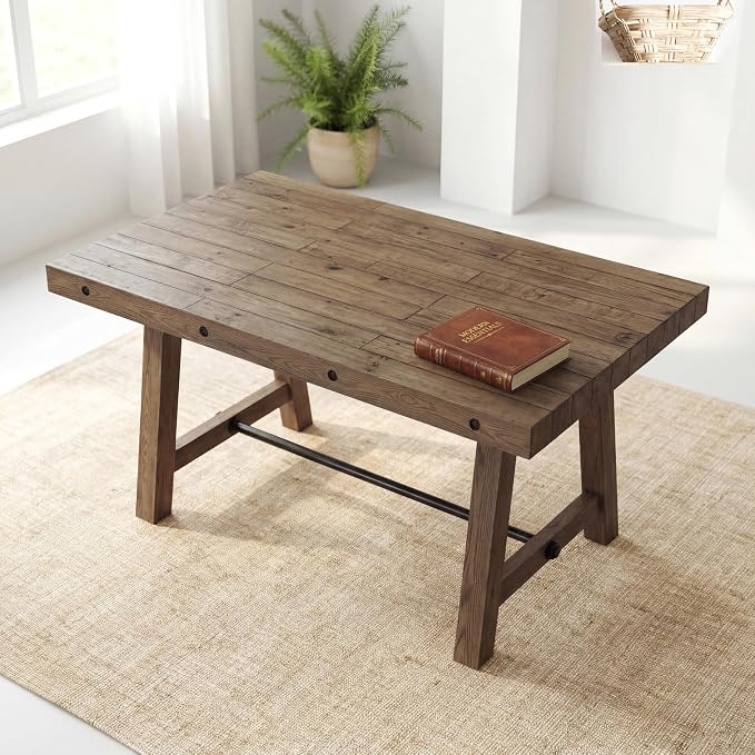 chairus 59'' Farmhouse Dining Table, Solid Wood Rustic Kitchen Table with Metal Stretcher, Large Rectangular Wooden Dining Room Table for Living Room/Home Office, Easy Assembly, Walnut