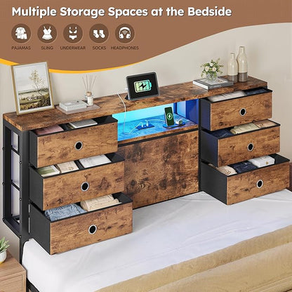 Homkdom Queen Size Bed Frame with 8 Fabric Drawers Storage, LED Lights & Charging Station, and Headboard Storage,Offering Noise-Free Support and Easy Assembly for Bedroom,Modern Brown