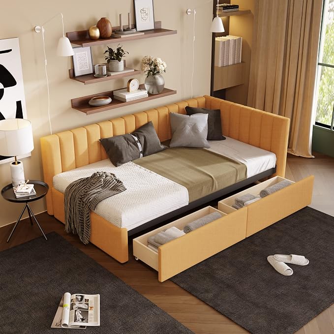 Merax Upholstered Daybed with 2 Storage Drawers, Twin Size Sofa Bed Frame, No Box Spring Needed, Linen Fabric, Yellow