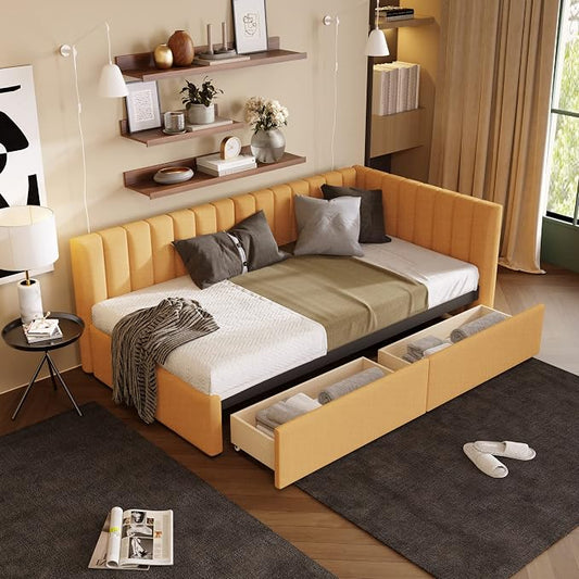 Merax Upholstered Daybed with 2 Storage Drawers, Twin Size Sofa Bed Frame, No Box Spring Needed, Linen Fabric, Yellow