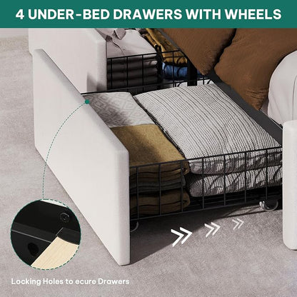 DWVO Queen Size Bed Frame with 4 Storage Drawers and RGB LED Lights, 57'' Tall Headboard Velvet Upholstered Bed with Charging Station, No Box Spring Needed, Easy Assembly, Noise-Free, White