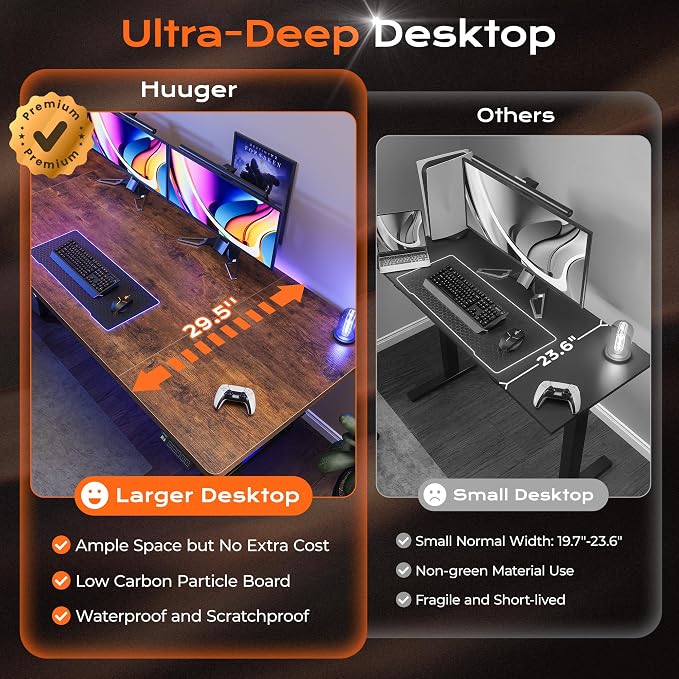 Huuger 71 x 30 Large Electric Standing Desk, Height Adjustable Computer Desk, 29.5" Deep Desktop, Stand up Gaming Office Table with 2 Hooks, 3 Preset Heights, for Home Office, Rustic Brown