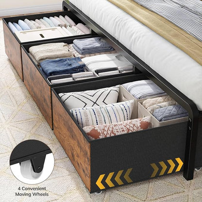 Homkdom King Size Bed Frame with 9 Fabric Drawers Storage, Charging Station & LED Lights, Metal Platform Bed Frame with Headboard,Noise-Free and Easy Assembly for Bedroom,Modern Brown