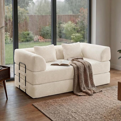 59“ Convertible Floor Sofa Bed, 5-in-1 Futon Sofa Bed Modular Sleeper Couch, Corduroy Pull Out Loveseat with Curved Armrest, Boneless Couches for Living Room, No Assembly Required, Beige White