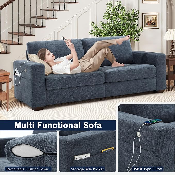 Hanherry 89" Sofa for Living Room, Modern Comfy Couch with Medium Firm Seat Cushion, Removable Cover,Wide Armrest,USB/Type-C Port,Chenille Fabric Couches for Small Space,Apartment