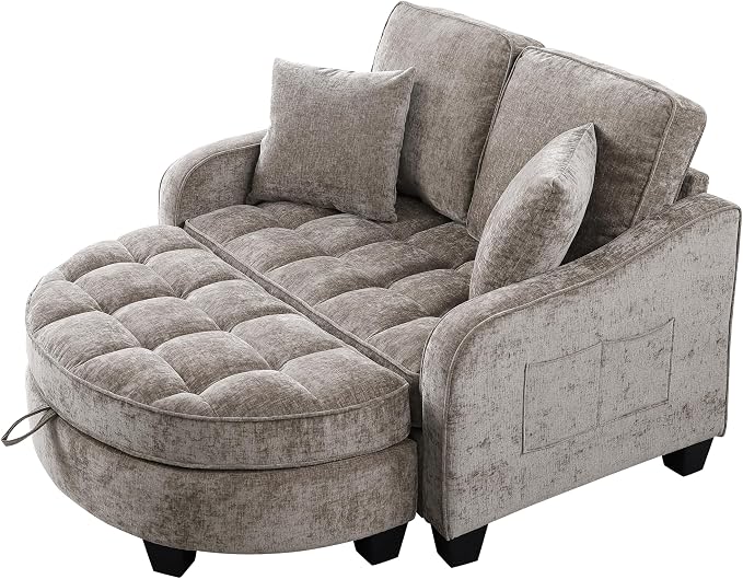 ERYE Chenille Tufted Loveseat Sofa and Ottoman Set, Tufted Recliner Sleeper Chaise Lounge with Curved Storage Ottoman,Reclining Backrest and Side Pockets, 4 Pillows