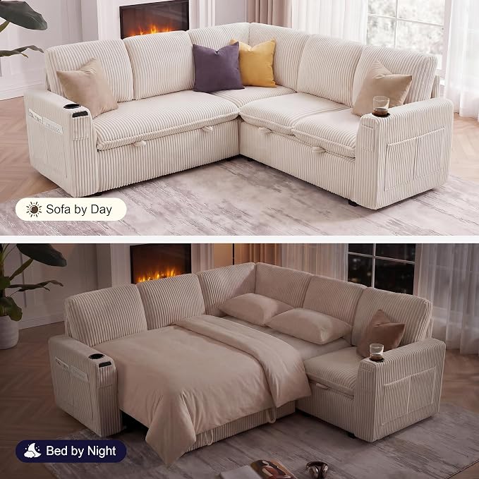 Sectional Sleeper Sofa with Pull Out Bed, Plush Corduroy 5 Seat Modular Sectional Sofa with Storage Chaise and Adjustable Backrest, Cloud Couches for Living Room, Apartment, Beige