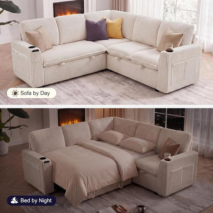 Sectional Sleeper Sofa with Pull Out Bed, Plush Corduroy 5 Seat Modular Sectional Sofa with Storage Chaise and Adjustable Backrest, Cloud Couches for Living Room, Apartment, Beige