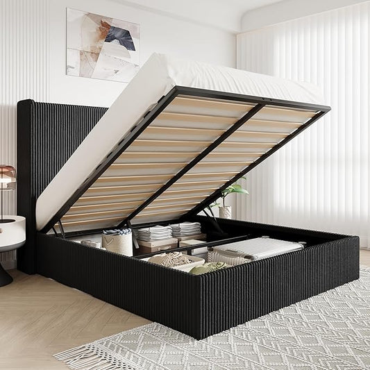 Allewie Queen Size Lift-Up Storage Bed Frame with Modern Wingback Headboard, Corduroy Upholstered Platform Bed, Hydraulic Gas Lift Support, Underbed Storage, Wooden Slats, No Box Spring Needed, Black