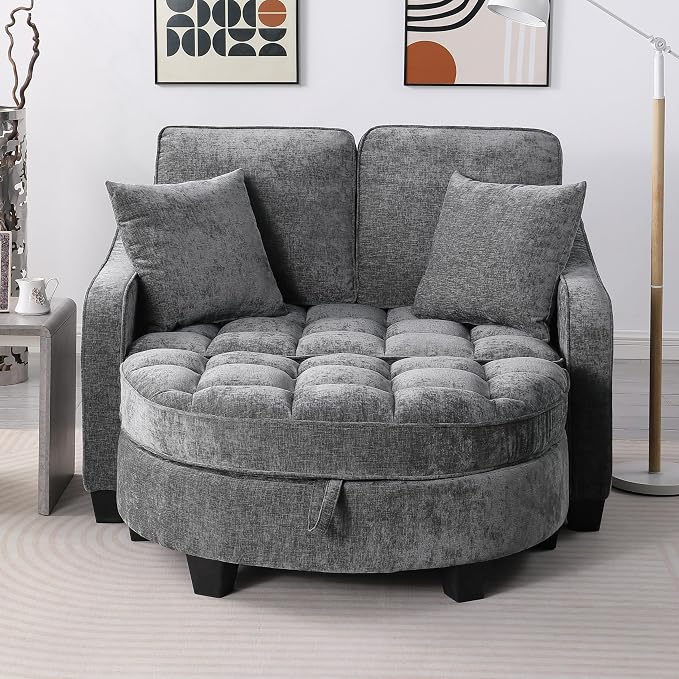 ERYE Chenille Tufted Loveseat Sofa and Ottoman Set, Tufted Recliner Sleeper Chaise Lounge with Curved Storage Ottoman,Reclining Backrest and Side Pockets, 4 Pillows