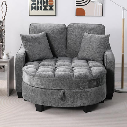 ERYE Chenille Tufted Loveseat Sofa and Ottoman Set, Tufted Recliner Sleeper Chaise Lounge with Curved Storage Ottoman,Reclining Backrest and Side Pockets, 4 Pillows