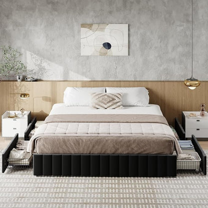 Allewie King Size Platform Bed Frame with 4 Large Storage Drawers, Velvet Vertical Channel Tufted Upholstered Bed Base, Wooden Slats Support, Noise-Free, No Box Spring Needed, Easy Assembly, Black