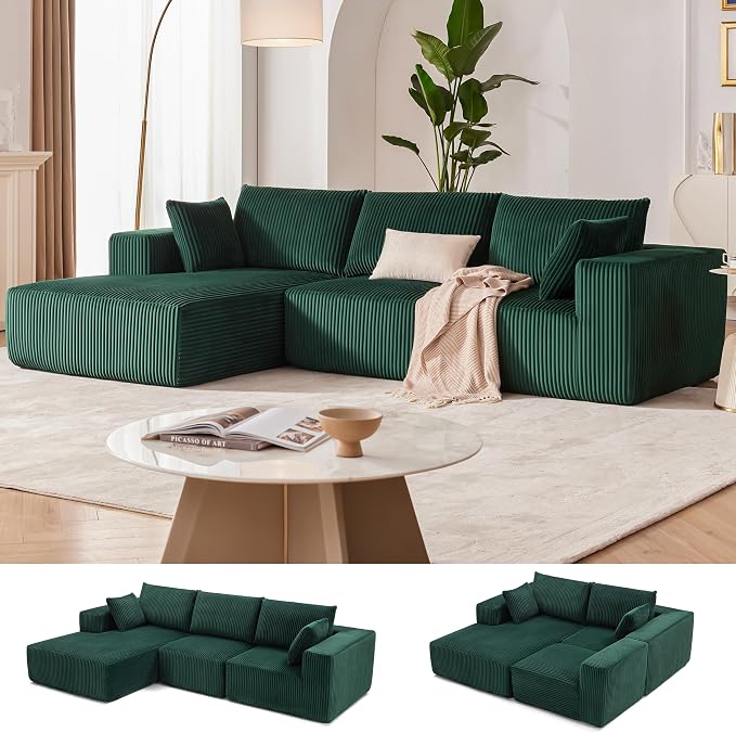 108” Modular Sectional Sofa, Cloud Sectional Couch with Deep Seat, Modern Modular L-Shape Sofa Couch with Chaise,Upholstered Boneless Couches for Living Room Bedroom (Green, Left Facing Chaise)