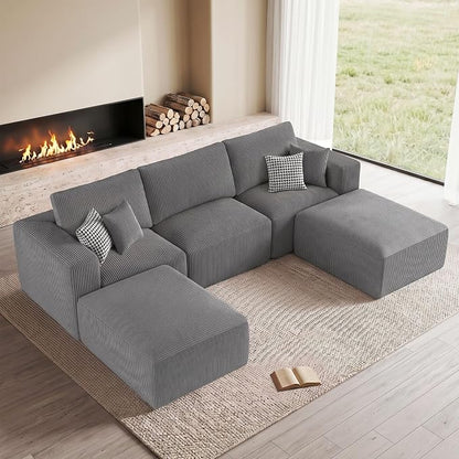 Living&Giving Sectional Couches for Living Room, 115" U Shaped Cloud Boneless Couch, Modular Sectional Sofa with Movable Ottoman, Modern Corduroy Sleeper Sofa for Bedroom, No Assembly Required, Gray
