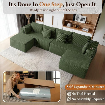 138" Cloud Sectional Couch, Comfort U Shaped Sofa for Living Room, Extra Deep Seats No Assembly, Minimalist Modular Couch, Corduroy (Olive Green, 6 Seats,U-Shape A)