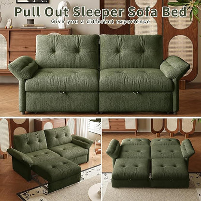 81.5'' Full Sleeper Sofa, Pre-Assembled, Chenille Pull Out Couches Bed, 3-in-1 Convertible Sofa, Adjustable Backrest, Small Loveseat for Small Space, Living Room, Apartment, Chenille Green