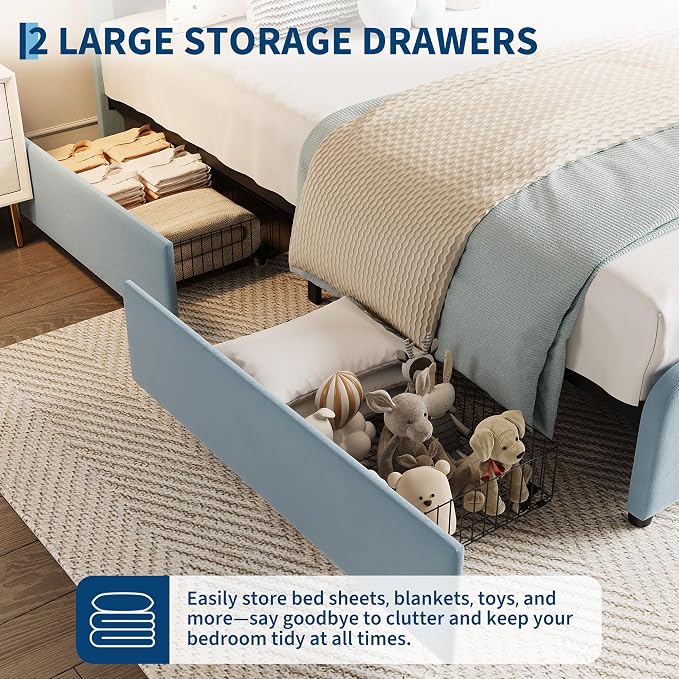 Garvee Twin Size Bed Frame with 2 Storage Drawers and LED Lights, Upholstered Platform Twin Bed with Adjustable Headboard, Wooden Slats Support, No Box Spring Needed, Easy Assembly, Blue