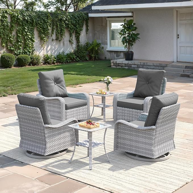 6-Piece Patio Furniture Set, Outdoor Swivel Rocking Chairs with 4" Thick Cushions & Side Table, All-Weather PE Rattan & Rust-Resistant Steel Frame Conversation Set for Porch, Garden, Charcoal Gray